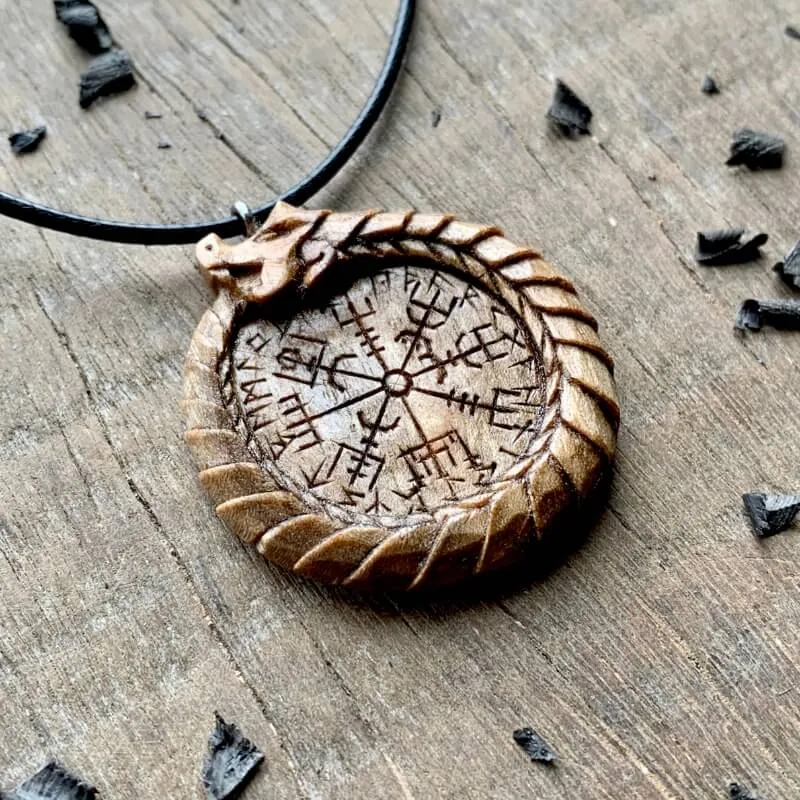 Handcarved Unique Walnut Wood Uroboro Vegvisir Runes Pendant