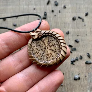 Handcarved Unique Walnut Wood Uroboro Vegvisir Runes Pendant
