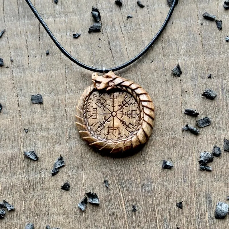 Handcarved Unique Walnut Wood Uroboro Vegvisir Runes Pendant