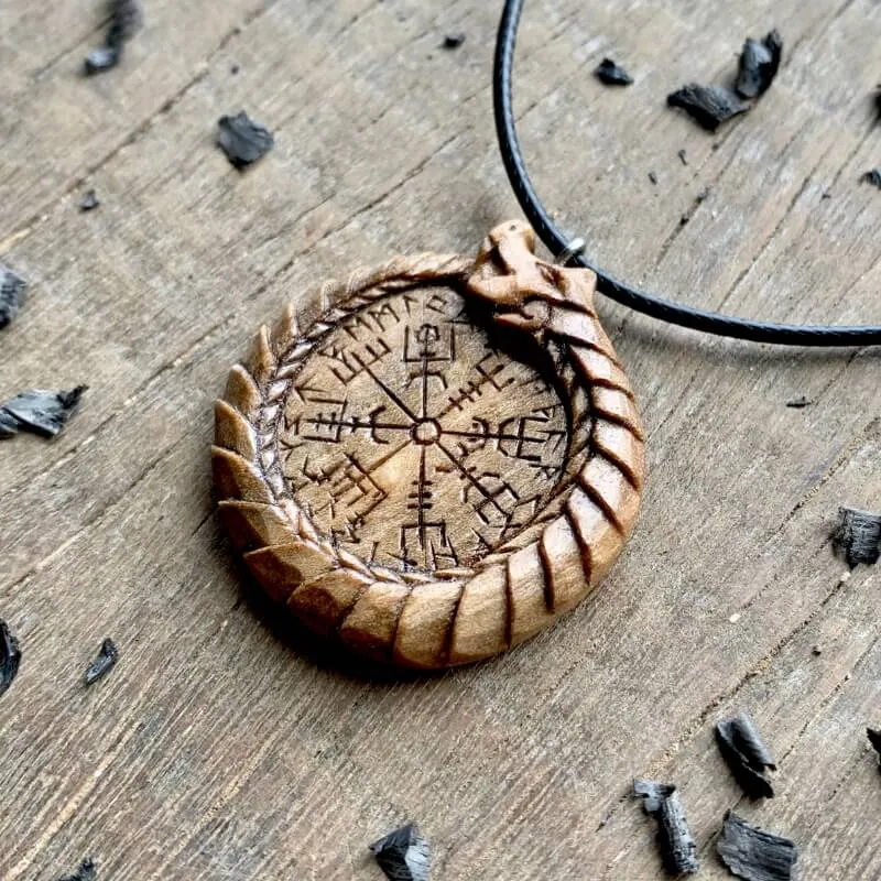 Handcarved Unique Walnut Wood Uroboro Vegvisir Runes Pendant