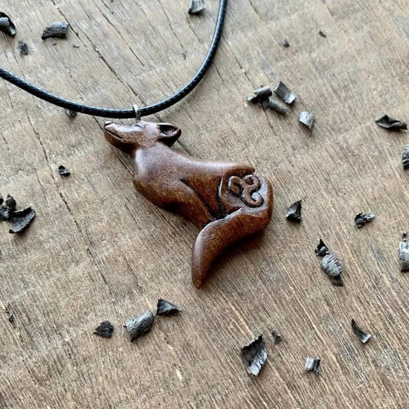 Handcarved Unique Walnut Wood Wolf and Triskelion  Pendant