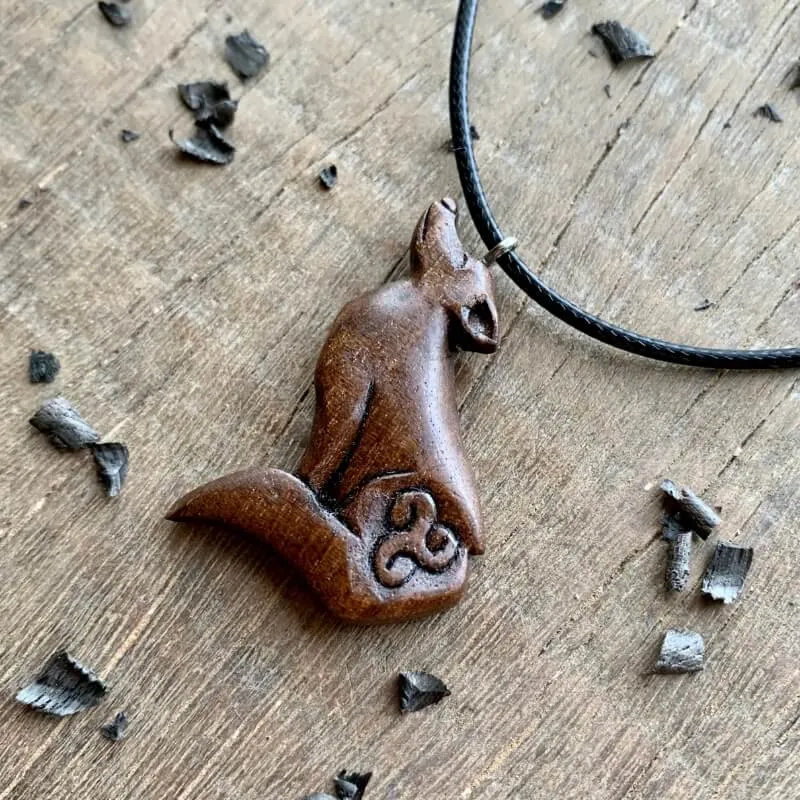 Handcarved Unique Walnut Wood Wolf and Triskelion  Pendant