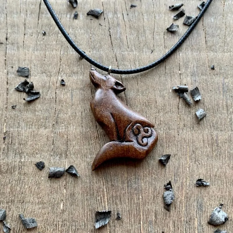 Handcarved Unique Walnut Wood Wolf and Triskelion  Pendant