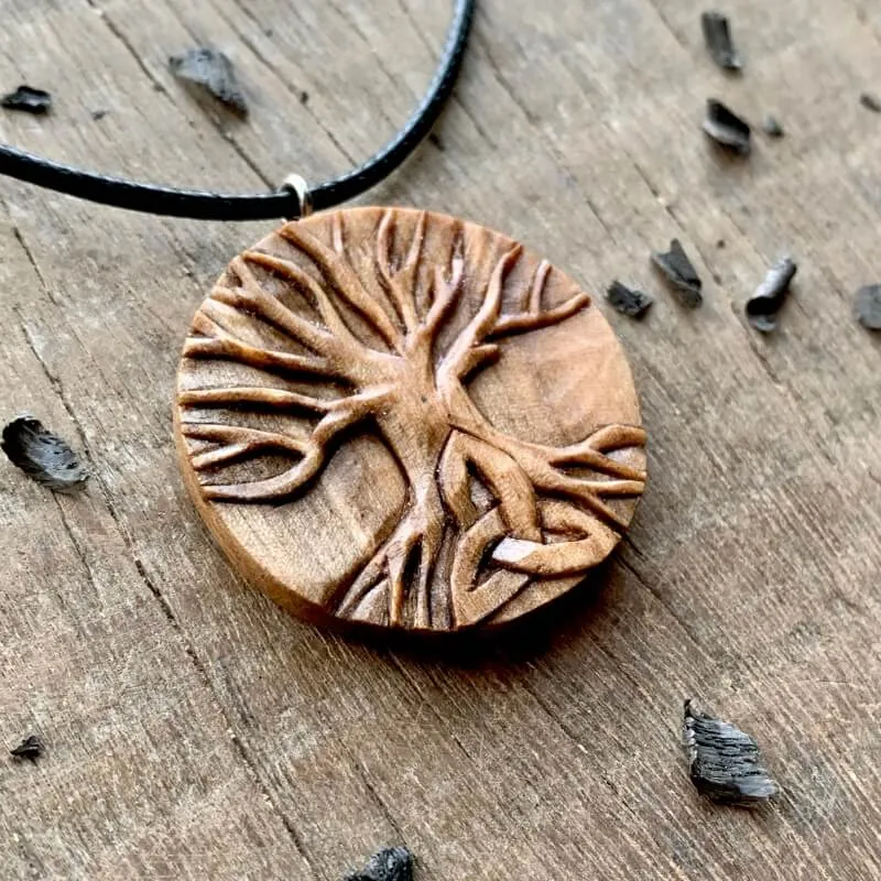 Handcarved Unique Walnut Wood Yggdrasil Triquetra Pendant