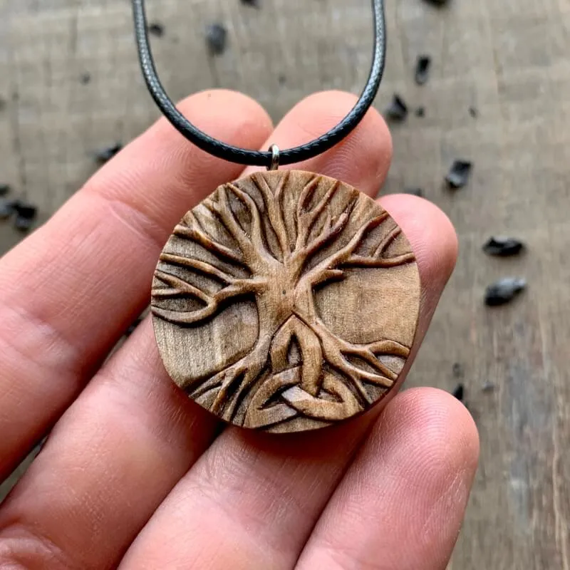 Handcarved Unique Walnut Wood Yggdrasil Triquetra Pendant