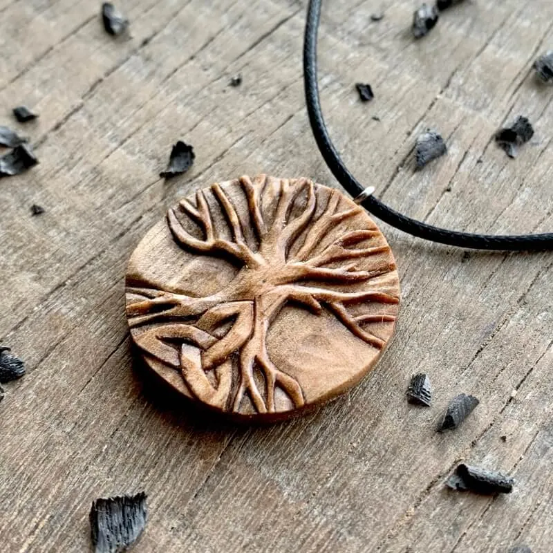 Handcarved Unique Walnut Wood Yggdrasil Triquetra Pendant