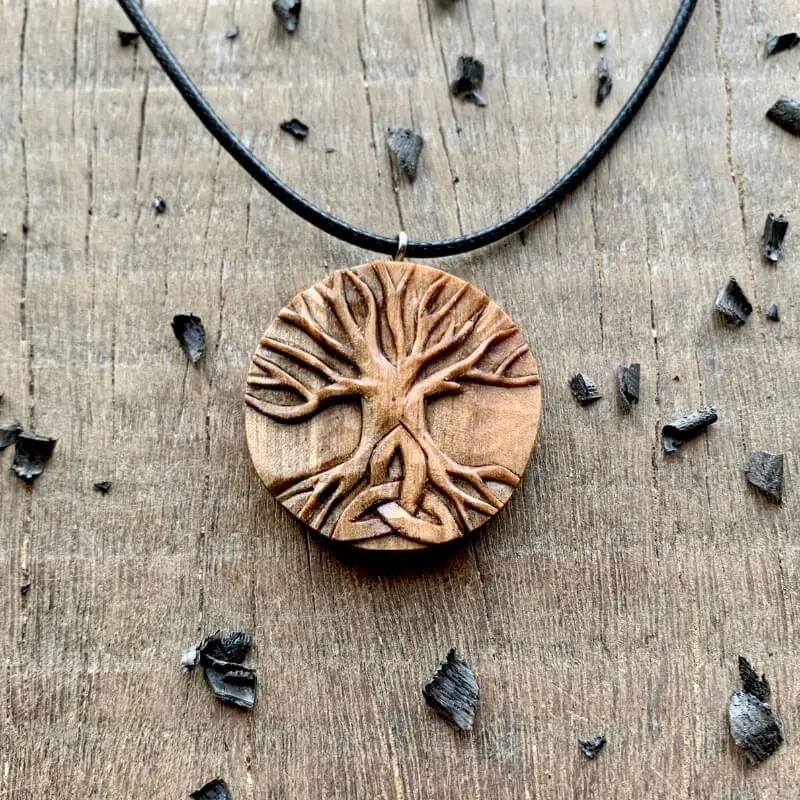 Handcarved Unique Walnut Wood Yggdrasil Triquetra Pendant