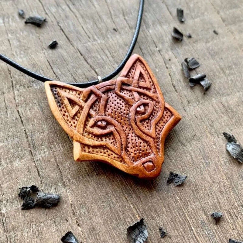 Handcarved Unique Wood Celtic Design Fox Pendant Style 2