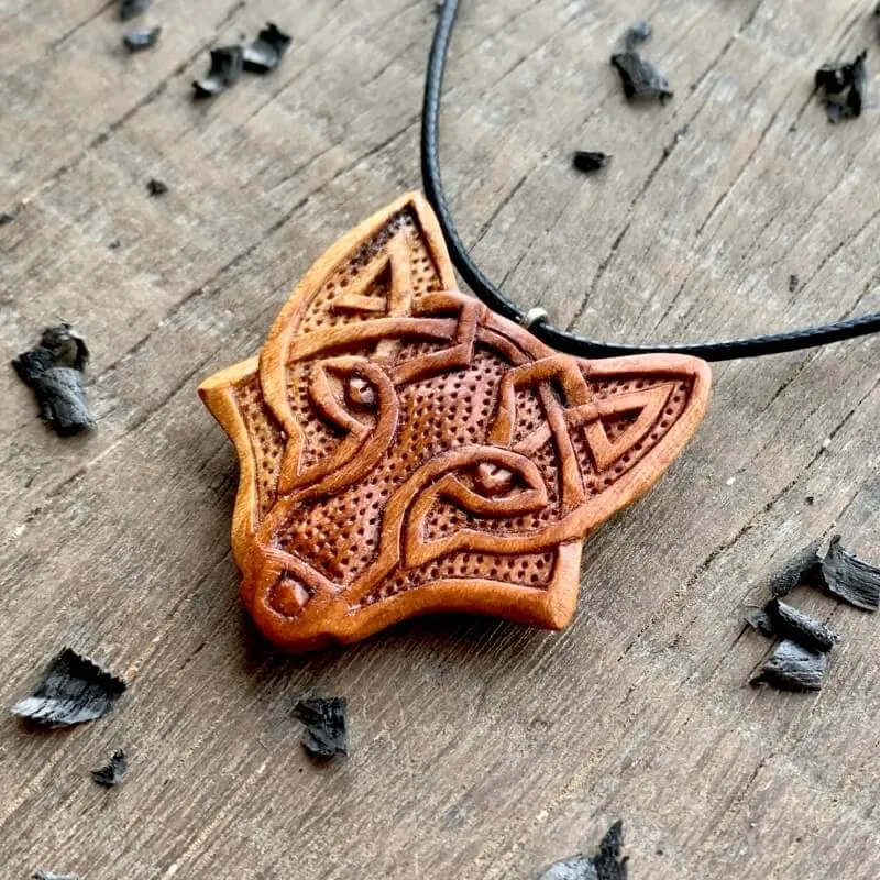Handcarved Unique Wood Celtic Design Fox Pendant Style 2