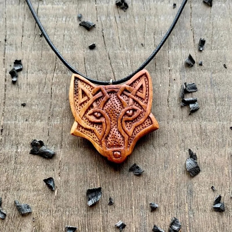 Handcarved Unique Wood Celtic Design Fox Pendant Style 2