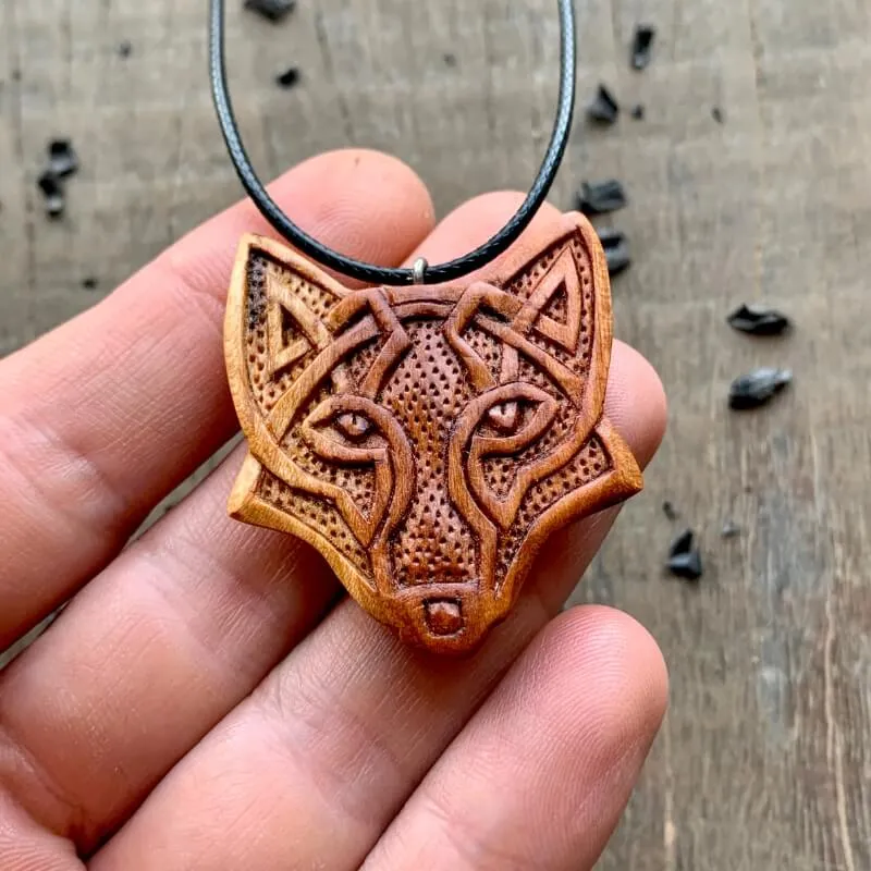 Handcarved Unique Wood Celtic Design Fox Pendant Style 2