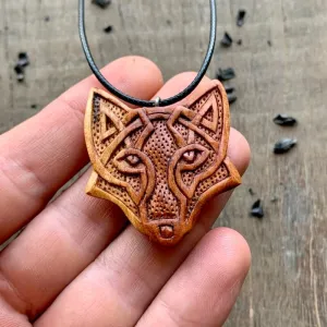 Handcarved Unique Wood Celtic Design Fox Pendant Style 2
