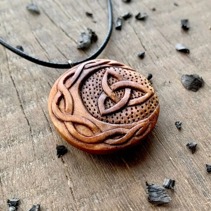Handcarved Unique Wood Celtic Sun And Moon Triquetra Pendant