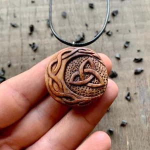 Handcarved Unique Wood Celtic Sun And Moon Triquetra Pendant