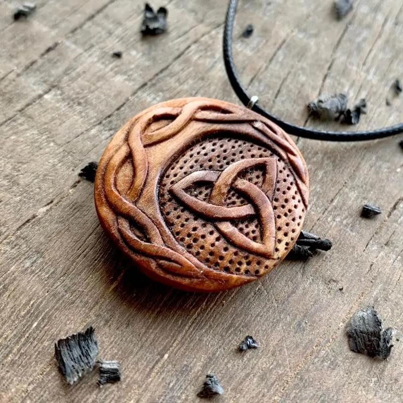 Handcarved Unique Wood Celtic Sun And Moon Triquetra Pendant