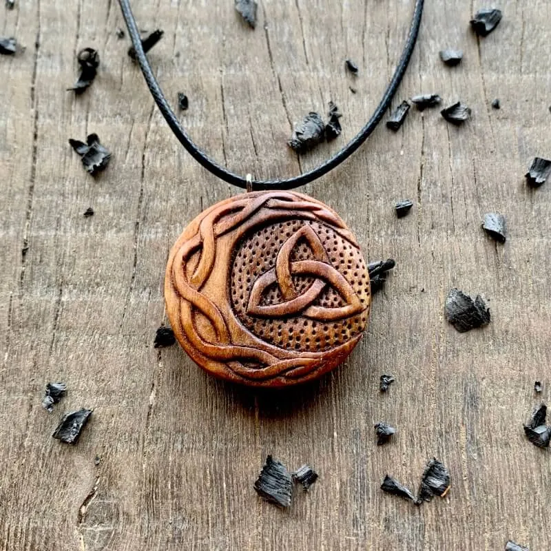 Handcarved Unique Wood Celtic Sun And Moon Triquetra Pendant