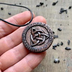 Handcarved Unique Wood Triquetra and Runes Pendant