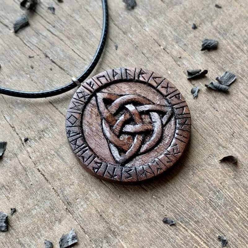 Handcarved Unique Wood Triquetra and Runes Pendant