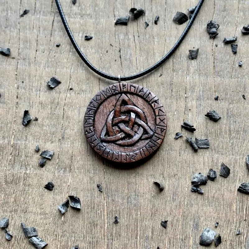 Handcarved Unique Wood Triquetra and Runes Pendant