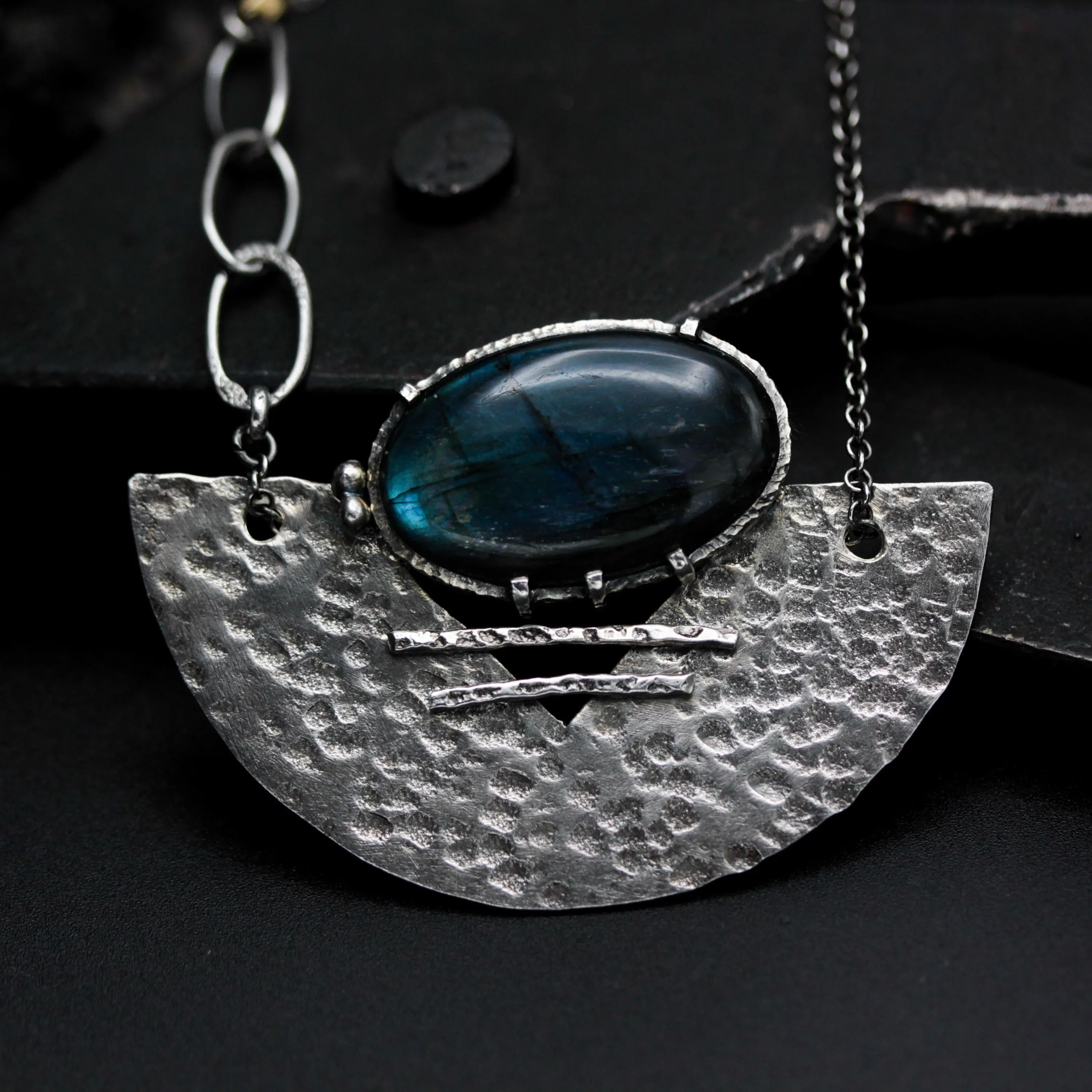Handmade Oval Labradorite Pendant Necklace – Sterling Silver Fan Design & Chain, Boho Gemstone Jewelry, Unique Labradorite Cabochon