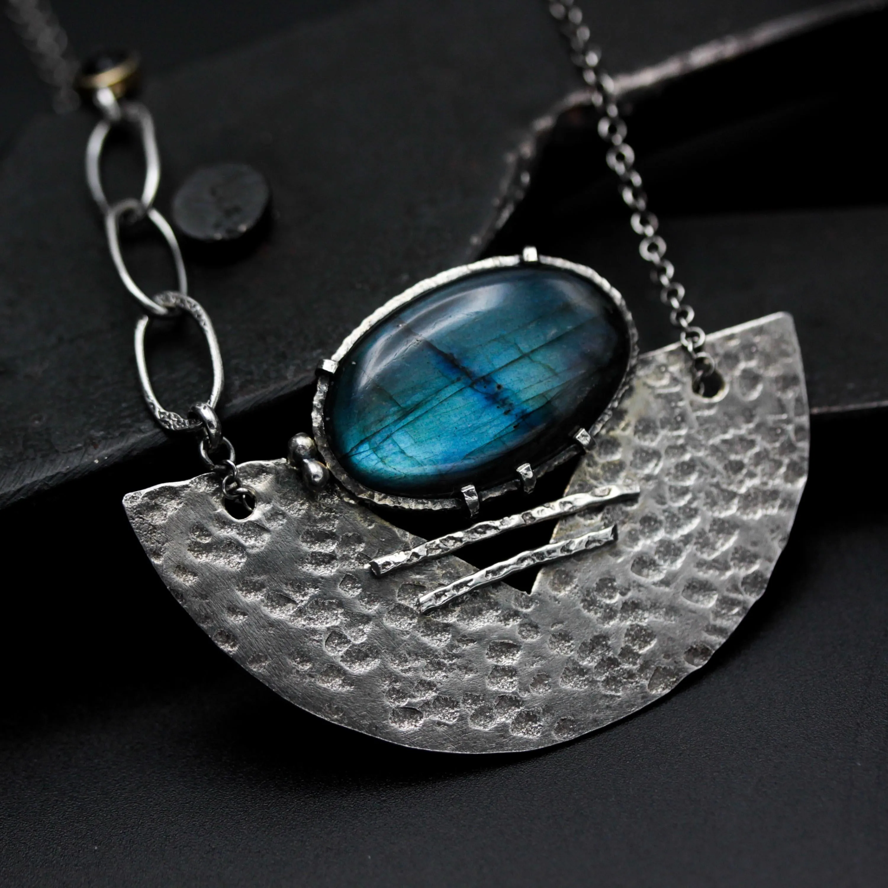 Handmade Oval Labradorite Pendant Necklace – Sterling Silver Fan Design & Chain, Boho Gemstone Jewelry, Unique Labradorite Cabochon