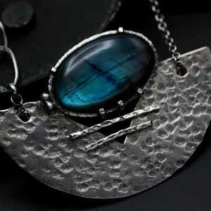 Handmade Oval Labradorite Pendant Necklace – Sterling Silver Fan Design & Chain, Boho Gemstone Jewelry, Unique Labradorite Cabochon