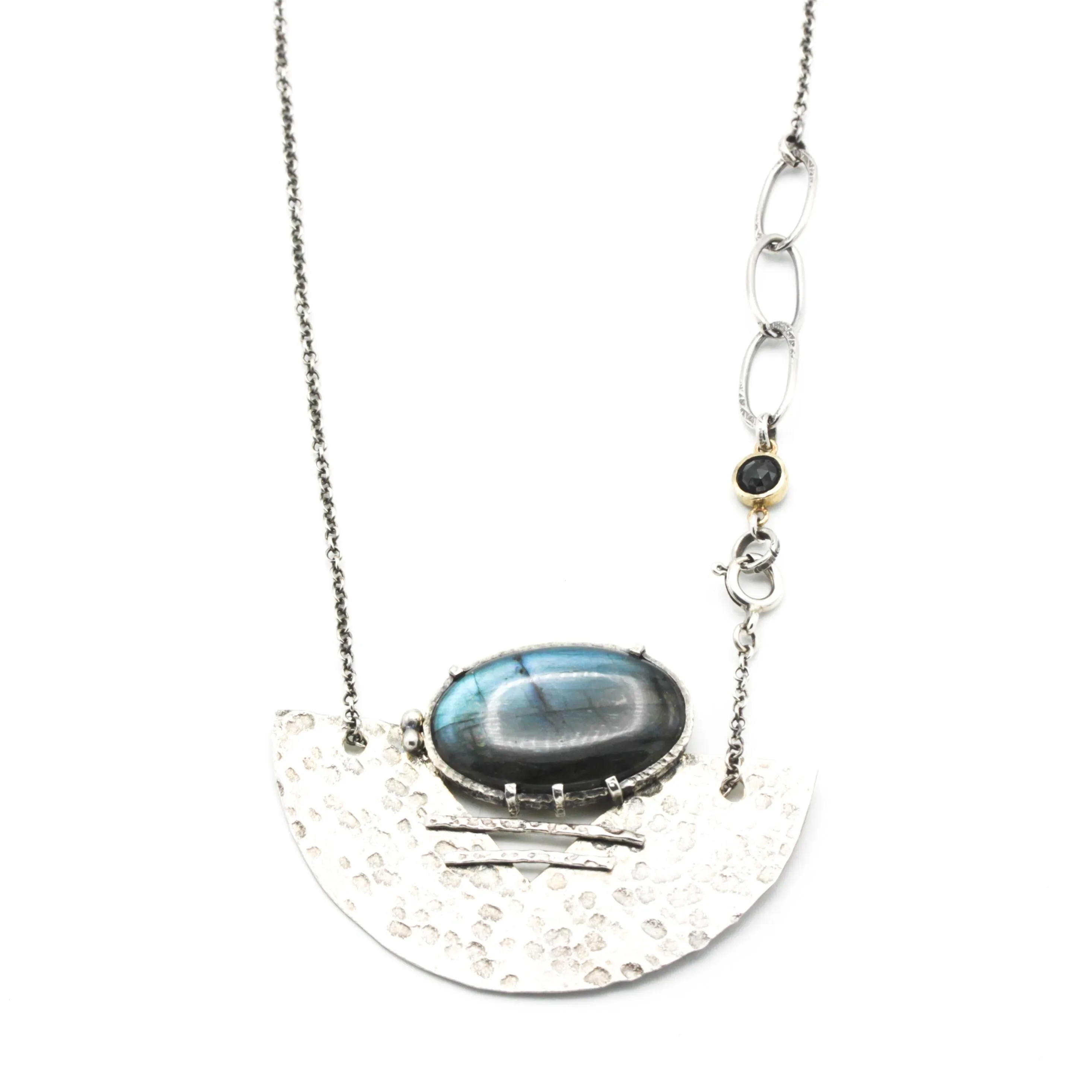 Handmade Oval Labradorite Pendant Necklace – Sterling Silver Fan Design & Chain, Boho Gemstone Jewelry, Unique Labradorite Cabochon