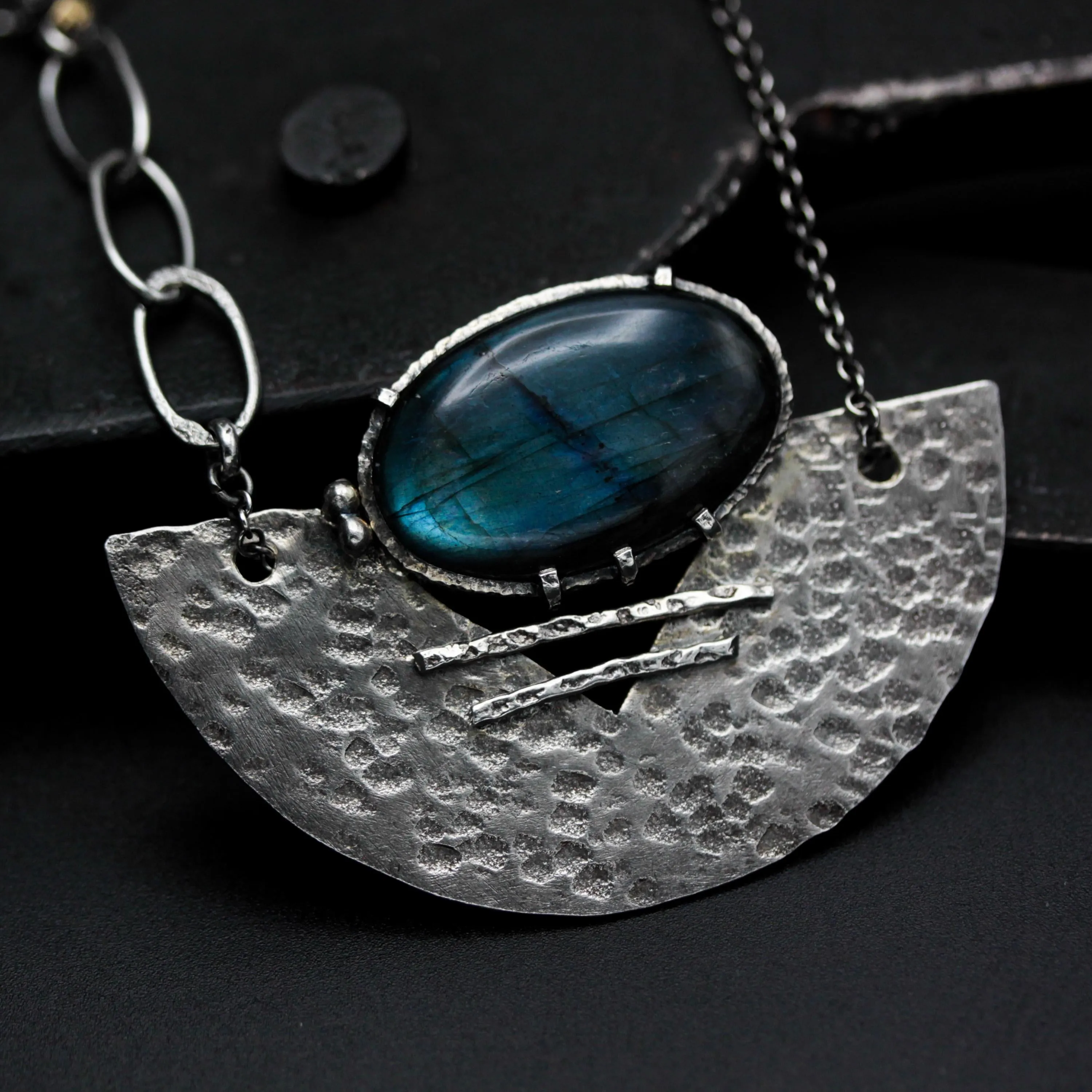 Handmade Oval Labradorite Pendant Necklace – Sterling Silver Fan Design & Chain, Boho Gemstone Jewelry, Unique Labradorite Cabochon
