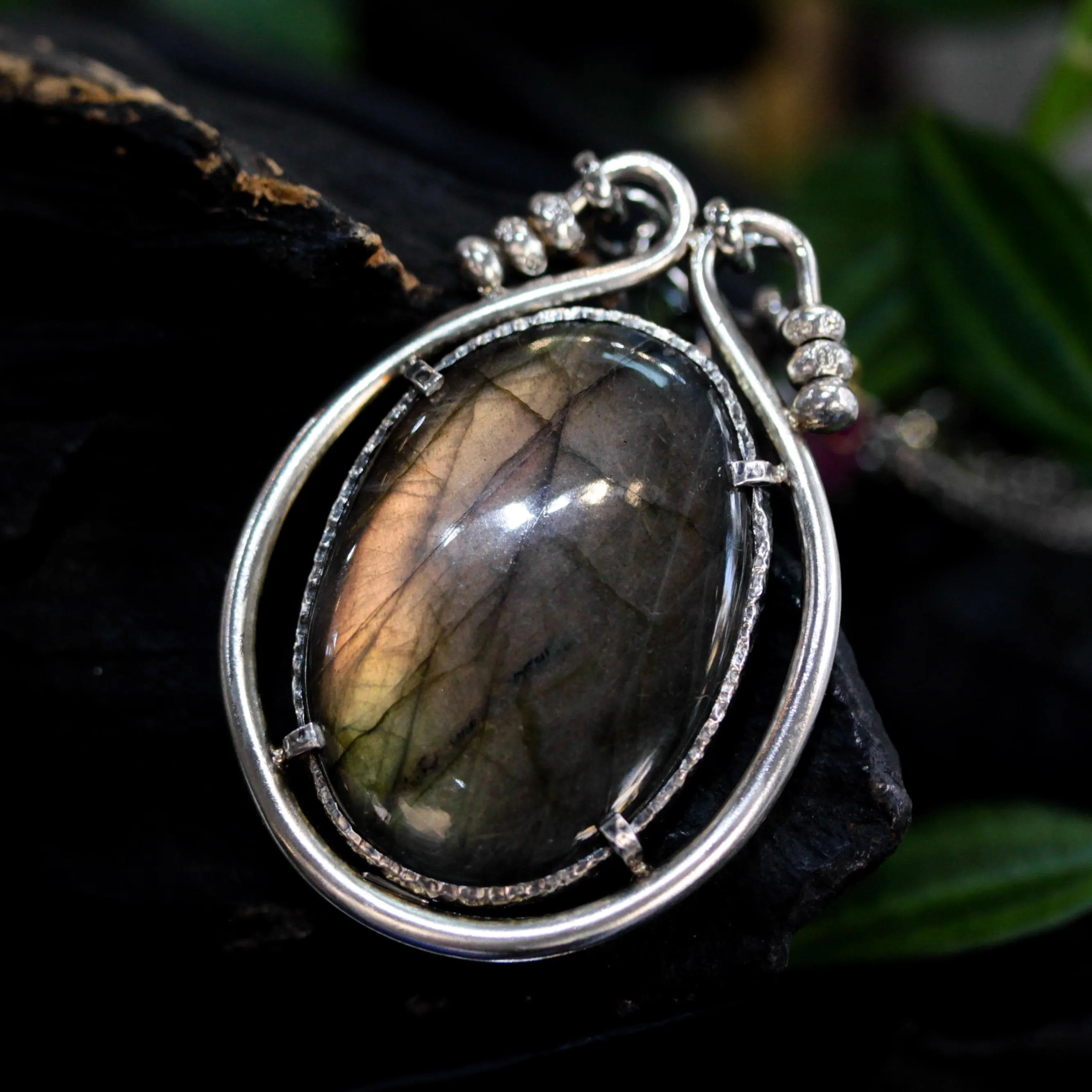 Handmade Oval Olive Green Labradorite Pendant Necklace – Sterling Silver Loop & Chain, Unique Olive Green Labradorite Cabochon