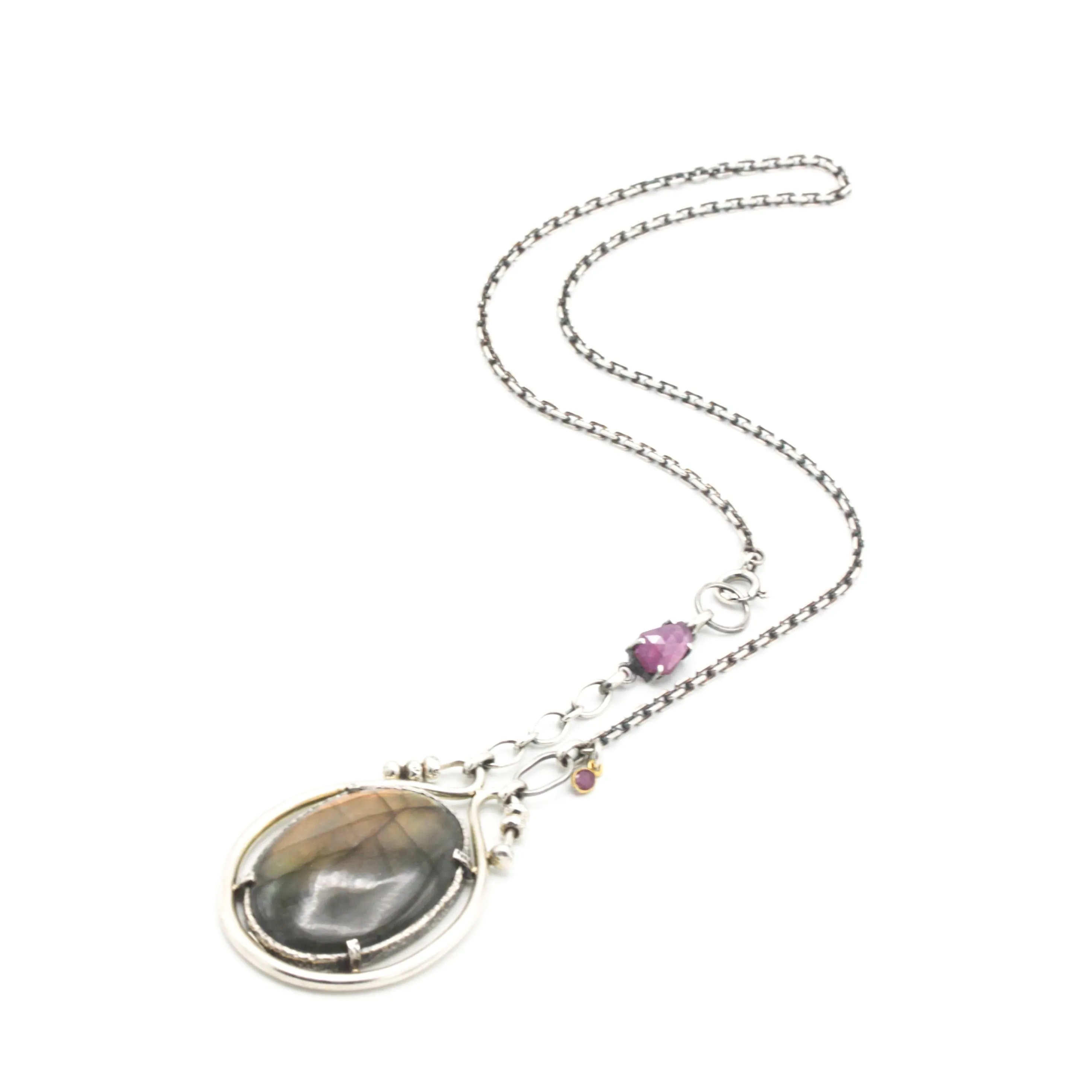 Handmade Oval Olive Green Labradorite Pendant Necklace – Sterling Silver Loop & Chain, Unique Olive Green Labradorite Cabochon
