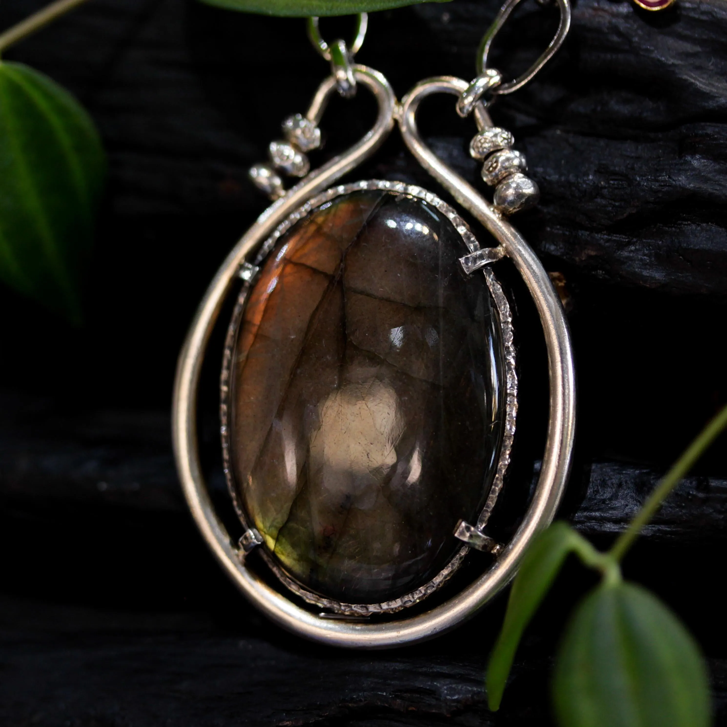 Handmade Oval Olive Green Labradorite Pendant Necklace – Sterling Silver Loop & Chain, Unique Olive Green Labradorite Cabochon