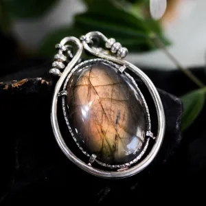 Handmade Oval Olive Green Labradorite Pendant Necklace – Sterling Silver Loop & Chain, Unique Olive Green Labradorite Cabochon