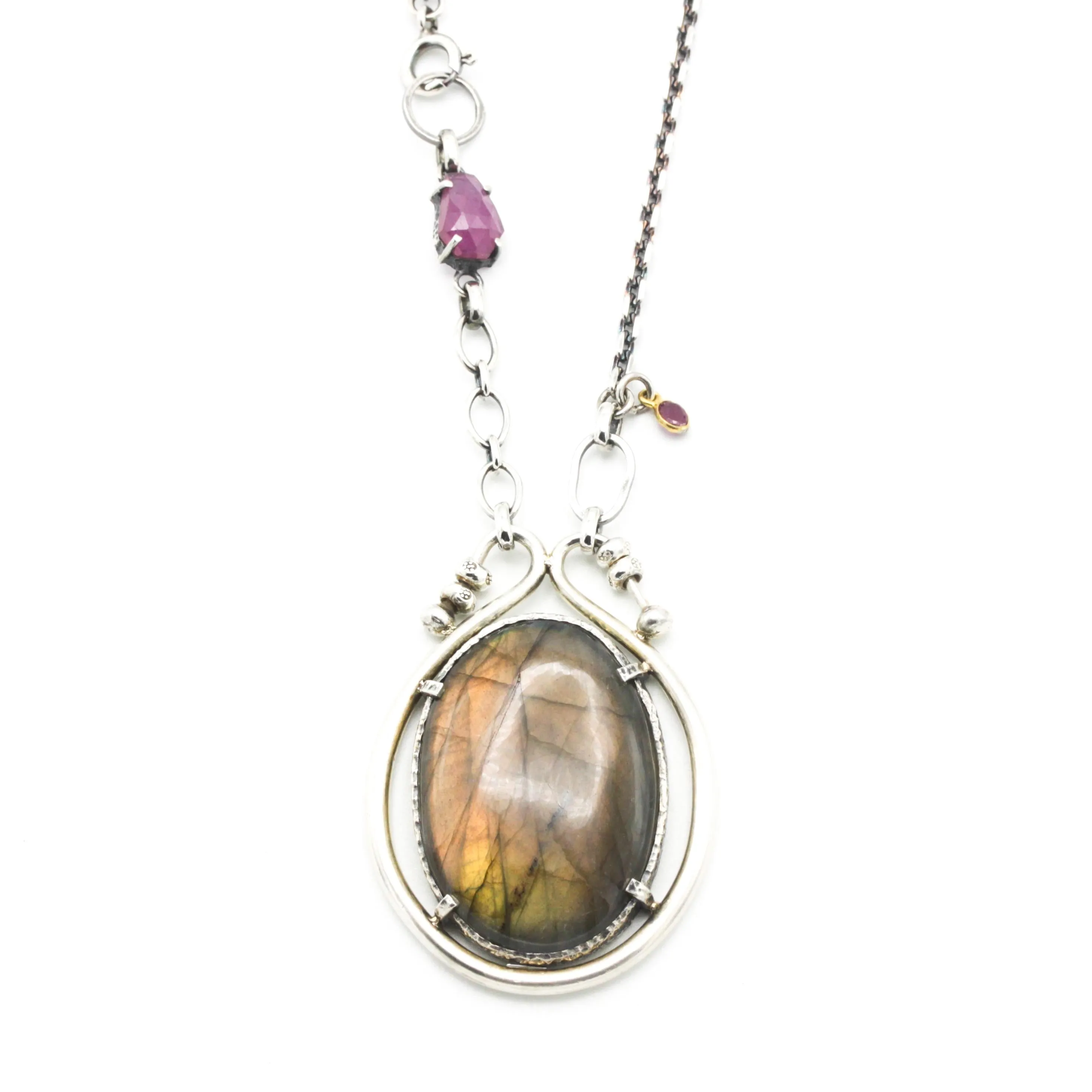 Handmade Oval Olive Green Labradorite Pendant Necklace – Sterling Silver Loop & Chain, Unique Olive Green Labradorite Cabochon