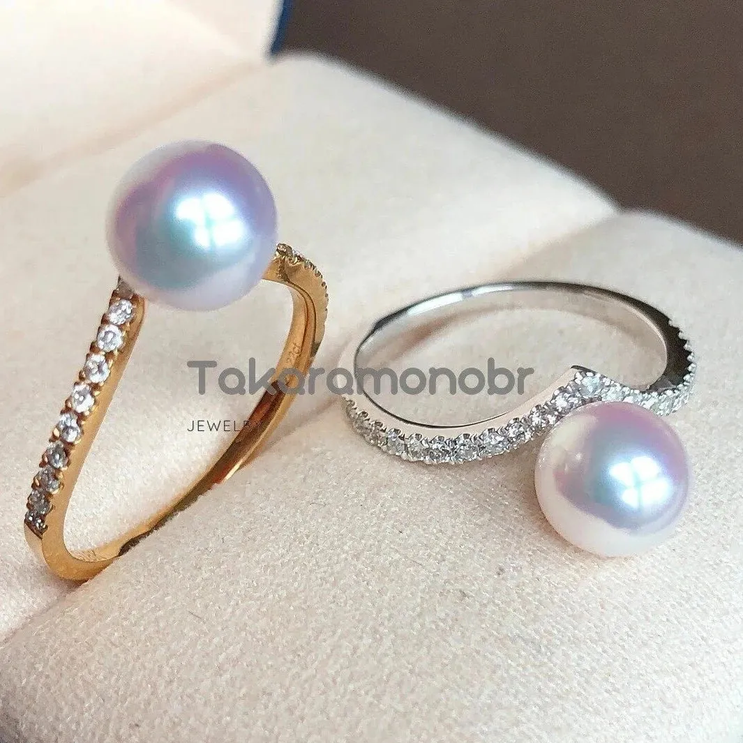 Heart 7.5-8.0 mm Japanese Akoya Pearl & Diamond Ring