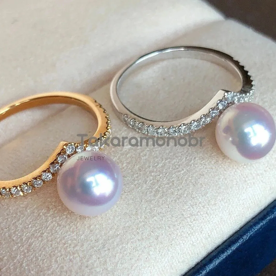 Heart 7.5-8.0 mm Japanese Akoya Pearl & Diamond Ring