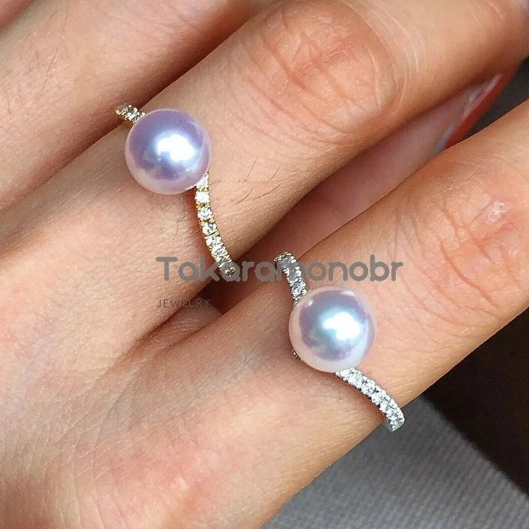 Heart 7.5-8.0 mm Japanese Akoya Pearl & Diamond Ring
