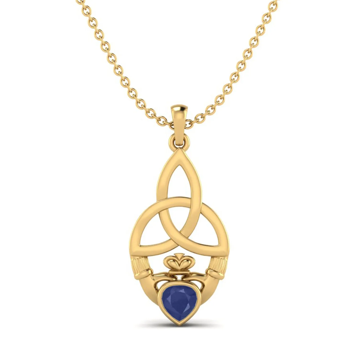 Heart Shape Blue Sapphire Gemstone Claddagh Traditional Pendant Necklace 9k Yellow Gold Vermeil Celtic Design