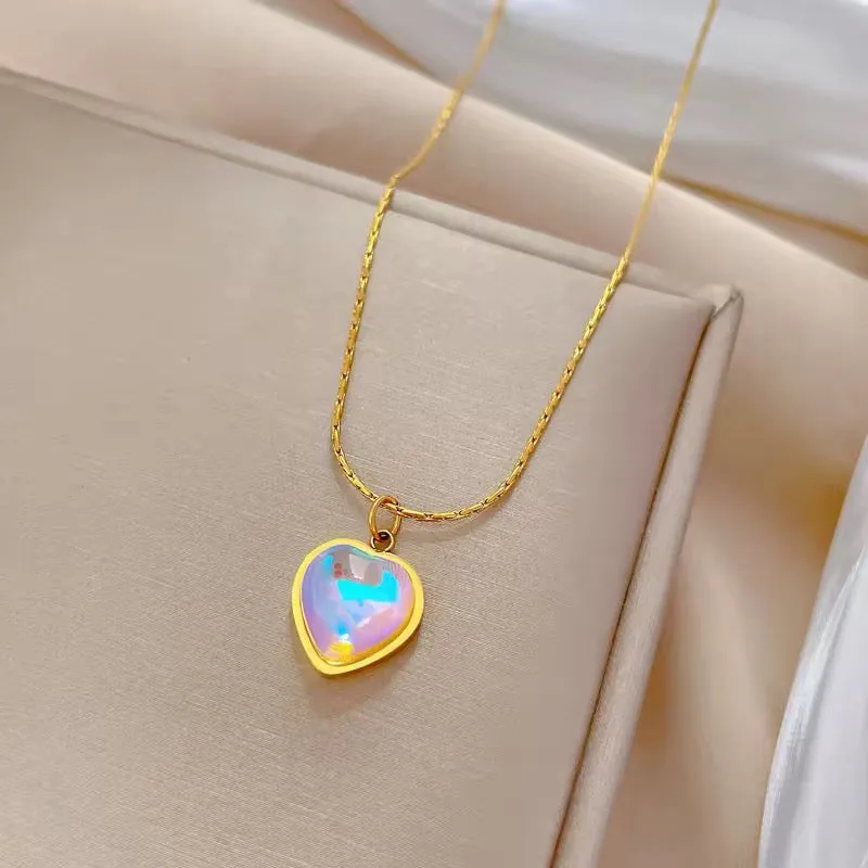 Heart Shaped Colored Moonstone Pendant Necklace