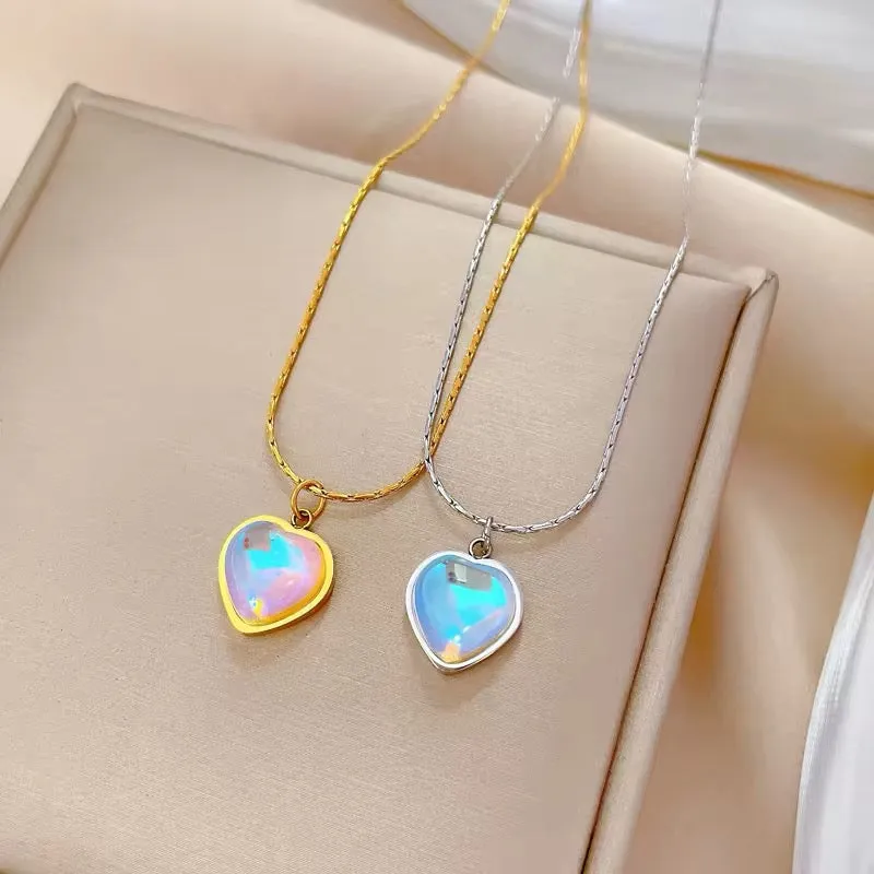 Heart Shaped Colored Moonstone Pendant Necklace