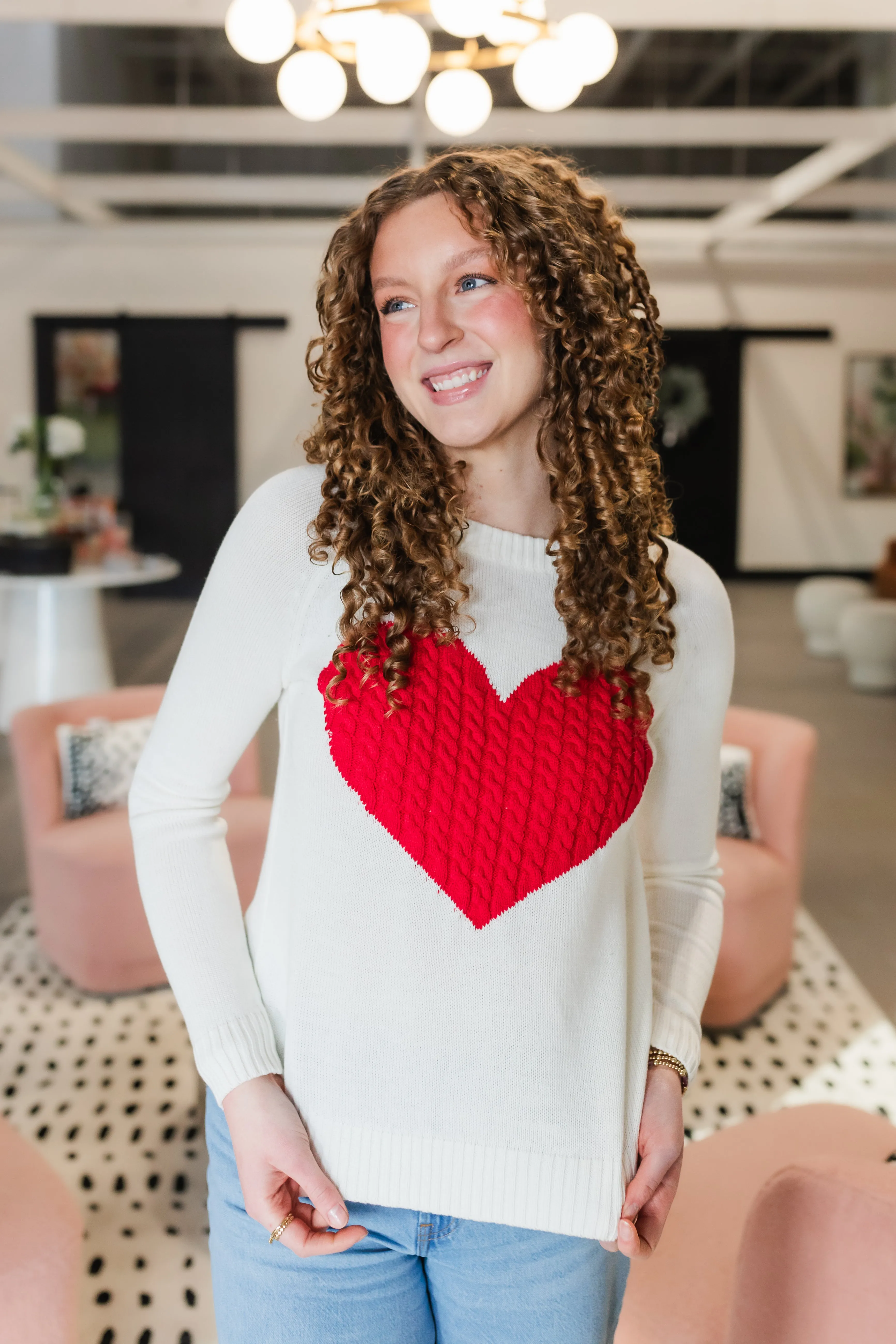 heart sweater in ivory and red
