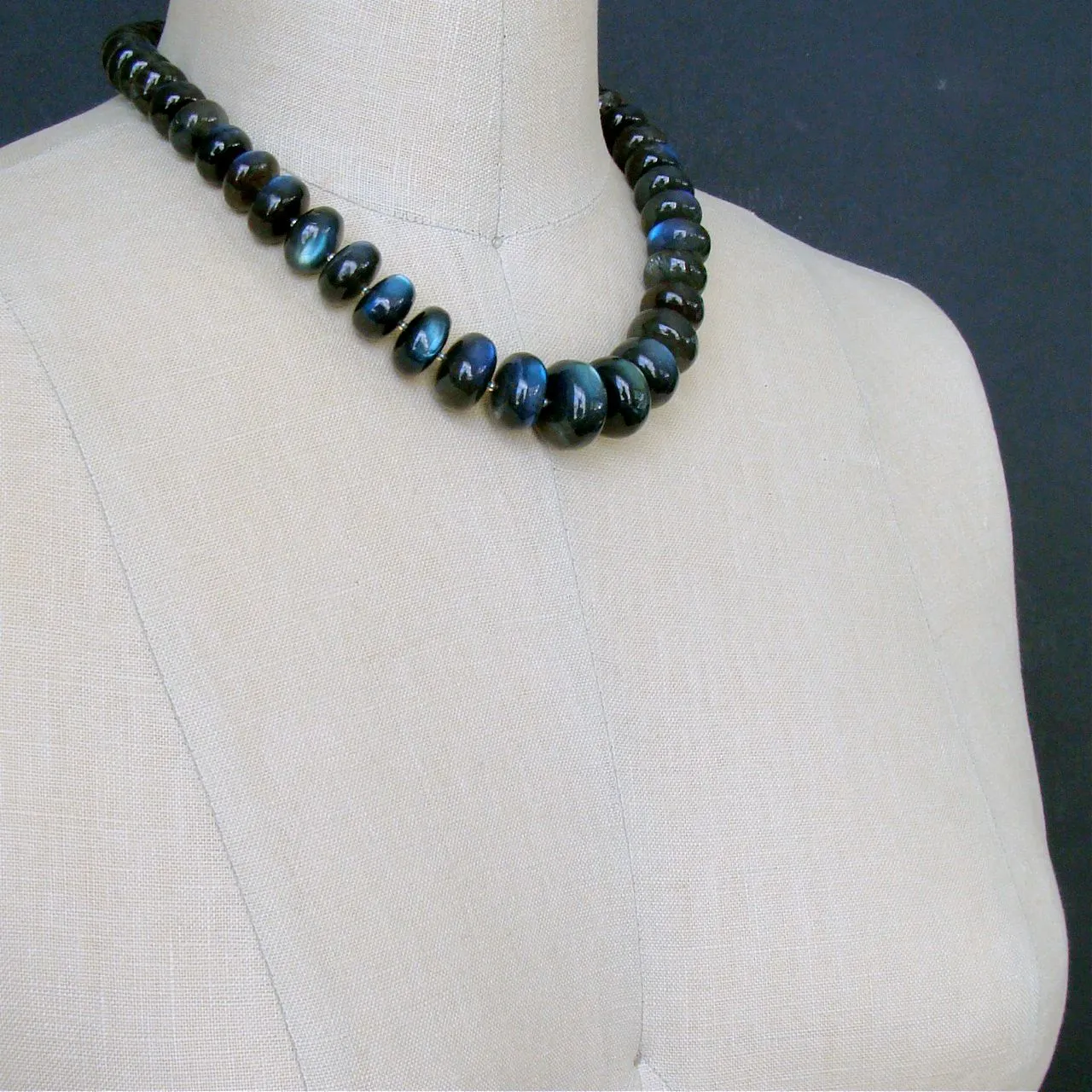 Huge Labradorite Smooth Blue Flash Graduated Rondelles Statement Necklace - Lyrica III Choker Necklace