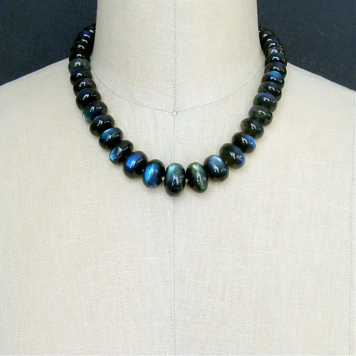 Huge Labradorite Smooth Blue Flash Graduated Rondelles Statement Necklace - Lyrica III Choker Necklace