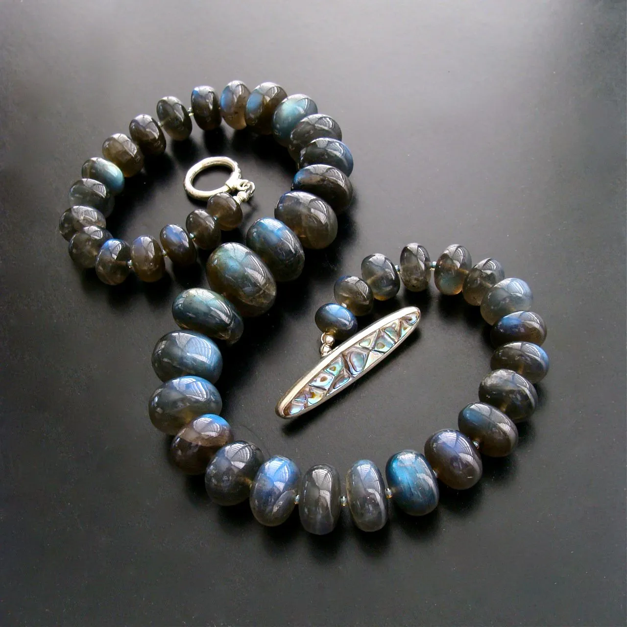 Huge Labradorite Smooth Blue Flash Graduated Rondelles Statement Necklace - Lyrica III Choker Necklace