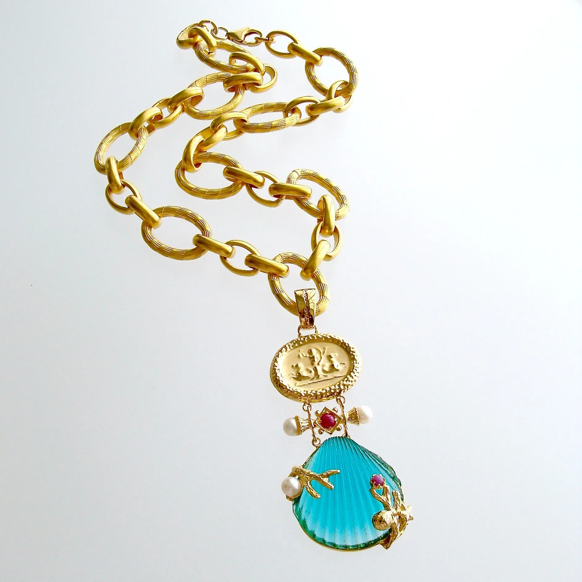 Intaglio Teal Venetian Glass Shell Rubies Pearls Pendant  Necklace - Meribella Necklace