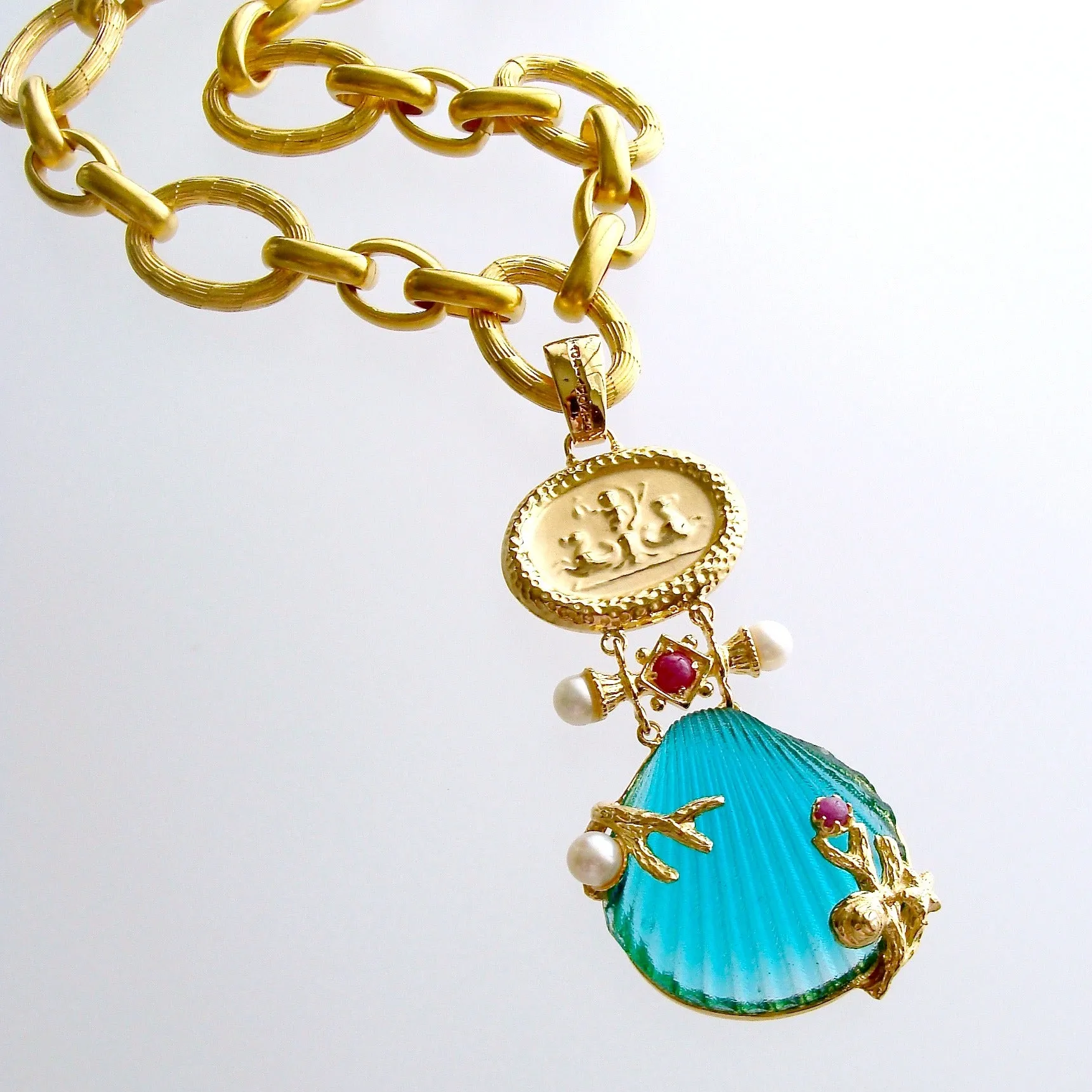 Intaglio Teal Venetian Glass Shell Rubies Pearls Pendant  Necklace - Meribella Necklace