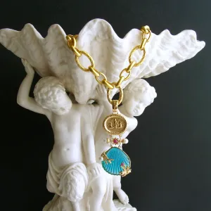 Intaglio Teal Venetian Glass Shell Rubies Pearls Pendant  Necklace - Meribella Necklace