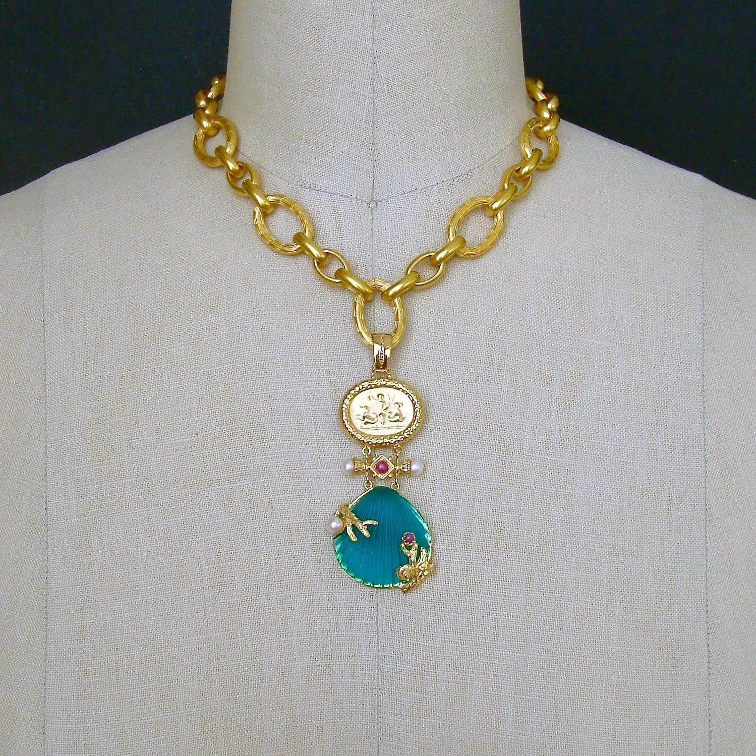 Intaglio Teal Venetian Glass Shell Rubies Pearls Pendant  Necklace - Meribella Necklace