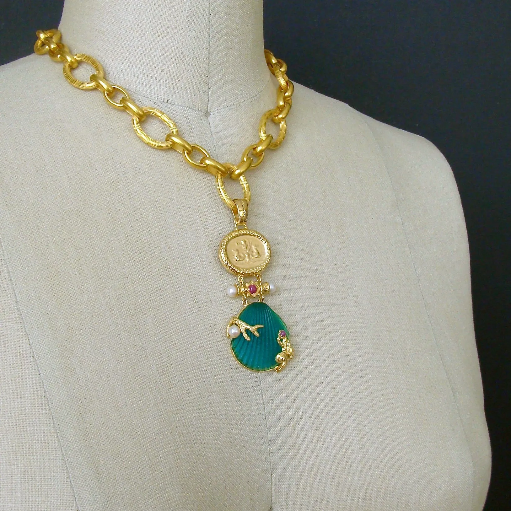 Intaglio Teal Venetian Glass Shell Rubies Pearls Pendant  Necklace - Meribella Necklace