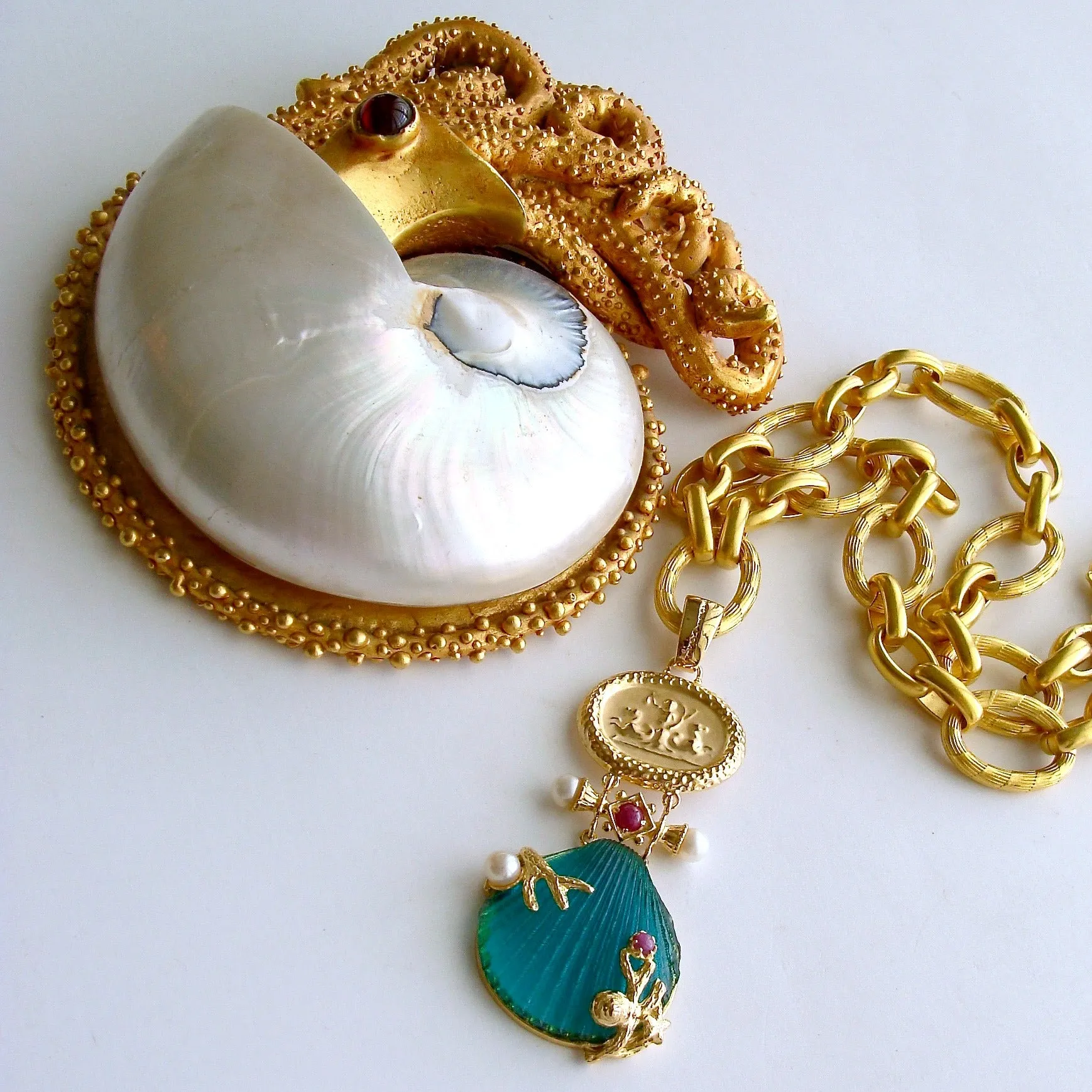 Intaglio Teal Venetian Glass Shell Rubies Pearls Pendant  Necklace - Meribella Necklace