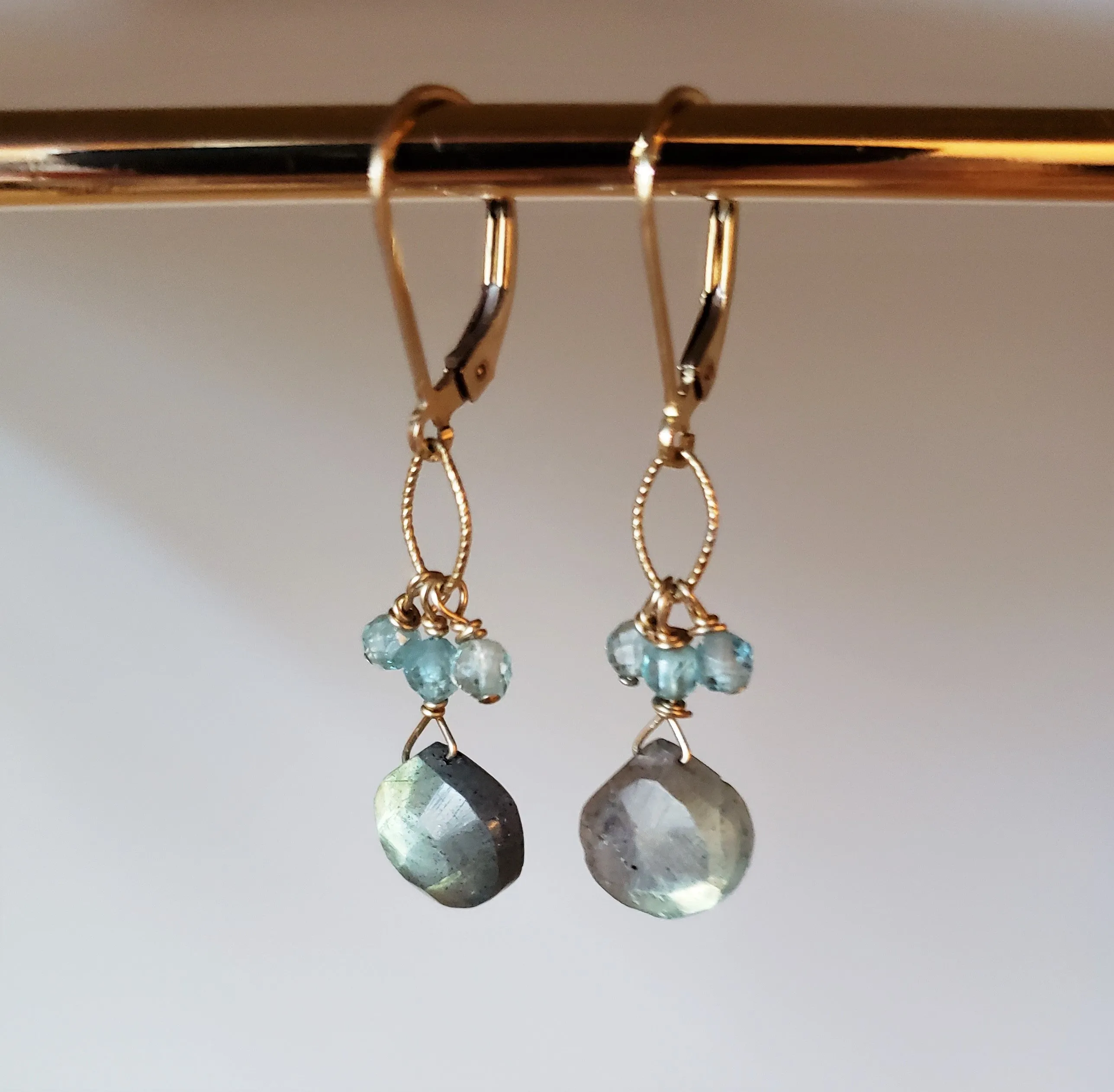 Iridescent Labradorite and Apatite Cluster Tear Drop On a Gold-Filled Lever Back Earring.
